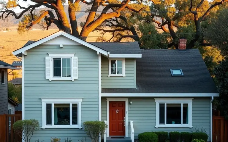 Two-story house with sage green lap siding, white trim and a red front door, large oak trees and golden hills behind in late afternoon light